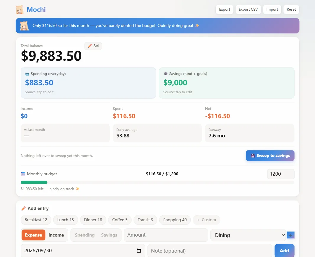 Mochi showing a monthly overview, spending categories and Mochi's message bar